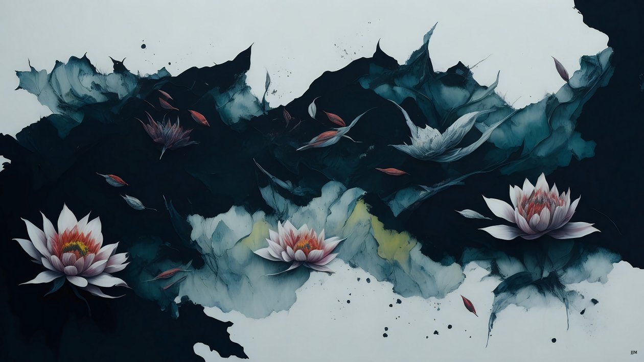 pintura a tinta: waterlili-black_02 de Josef Johann Michel