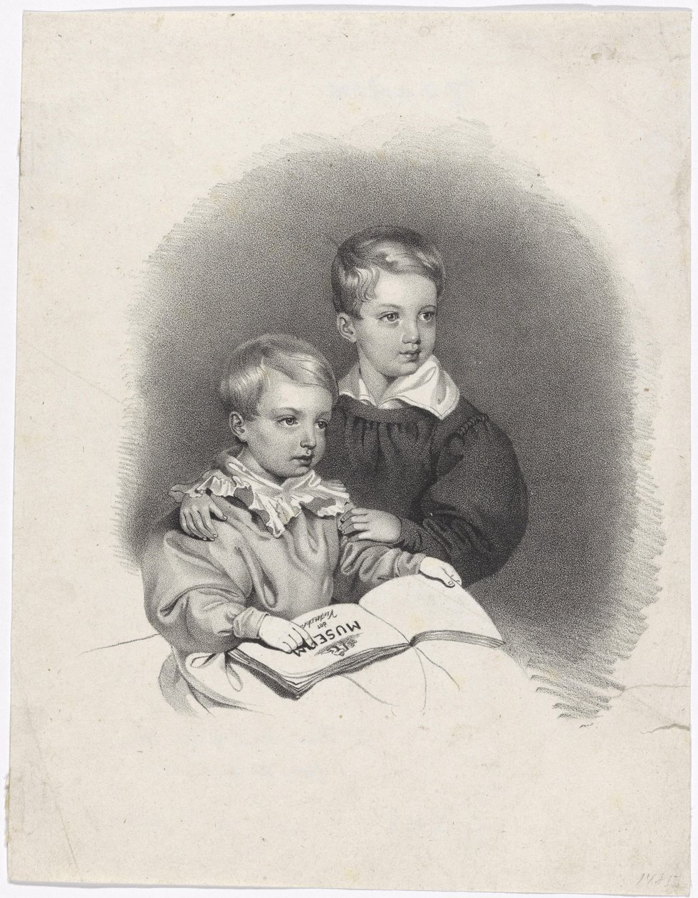 O príncipe herdeiro Francisco José e o arquiduque Fernando Maximiliano José quando eram crianças de Josef Kriehuber