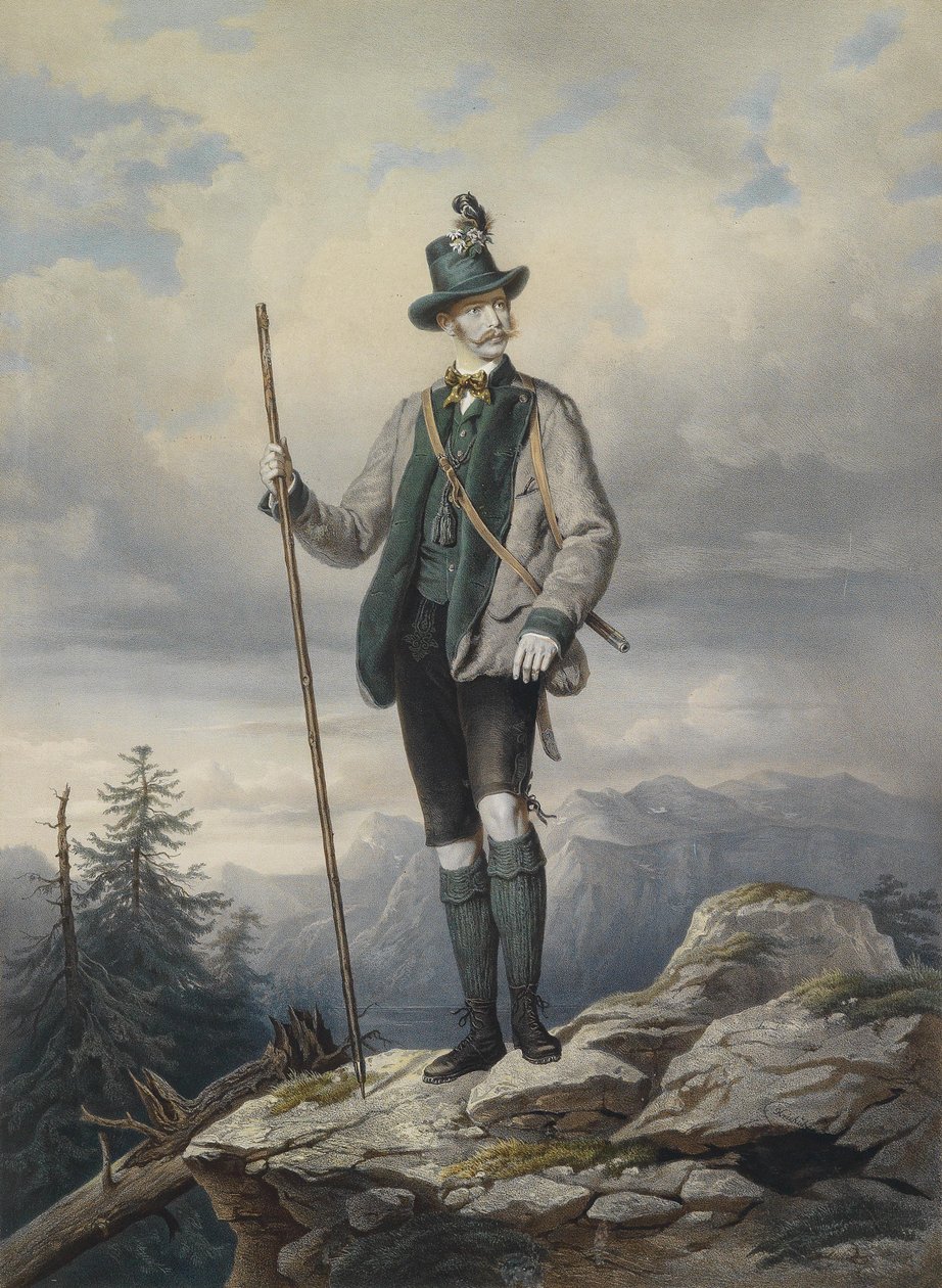 Retrato do jovem imperador em traje de caça Ischler, litografia colorida por Kriehuber, 67 x 49 cm de Josef Kriehuber