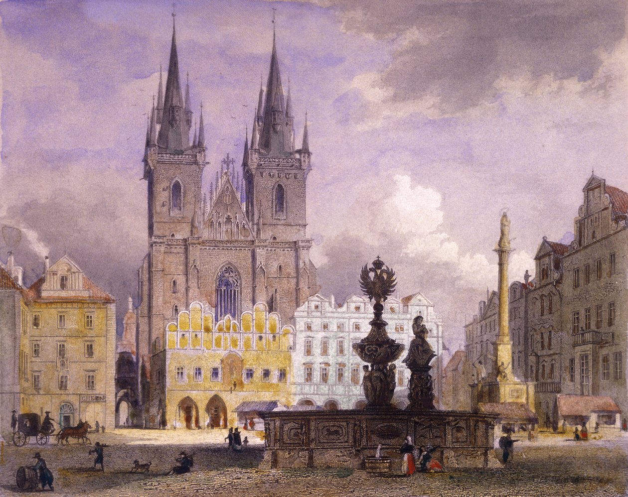 Fonte Krocín, Praga, 1864 (gravura em aço colorido) de Josef Vojtech Hellich