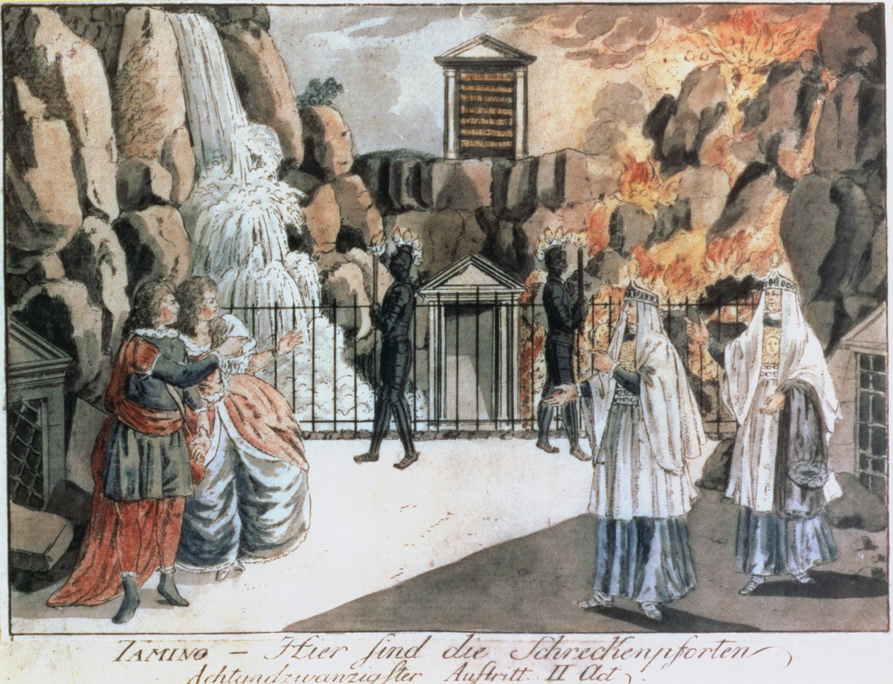Tamino e Pamina antes do templo, cena de &39;A Flauta Mágica&39; de Wolfgang Amadeus Mozart (1756-91), ilustração de &39;Allgemeines Europaisches Journal&39;, publicada em 1795 (gravura colorida) de Joseph and Peter Schaffer