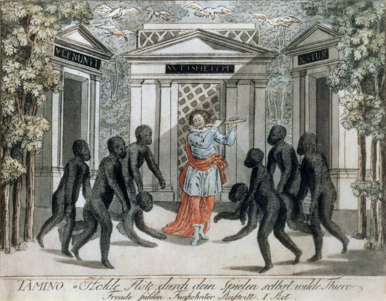 Tamino toca a flauta mágica para afastar as bestas selvagens, Ato I, cena xv, de "A Flauta Mágica", de Wolfgang Amadeus Mozart (1756-91), c.1793 de Joseph and Peter Schaffer