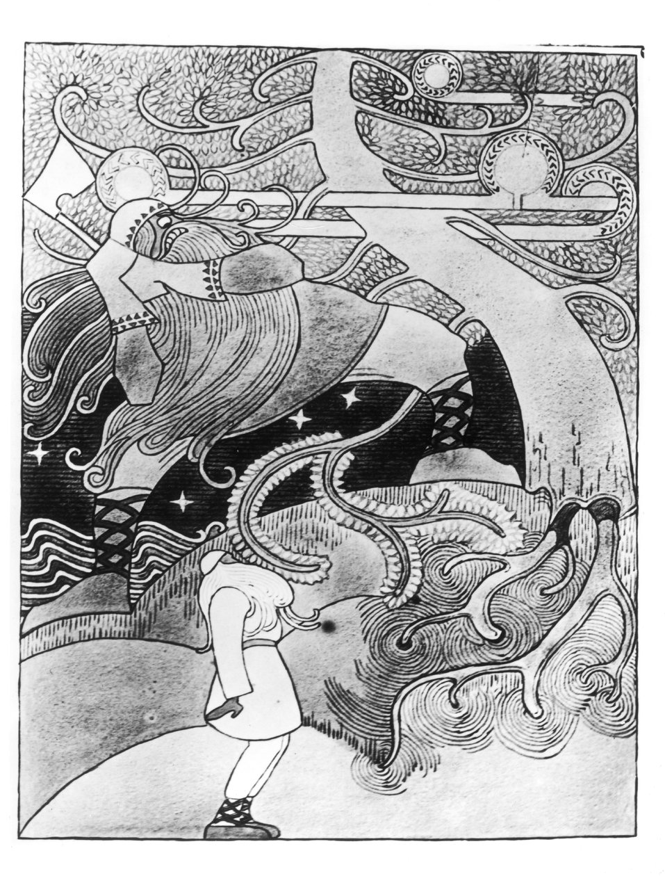 A enorme árvore de carvalho é cortada, ilustração de &39;Kalevala&39; compilada e editada por Elias Lonnrot (1802-84) de Joseph Alanen