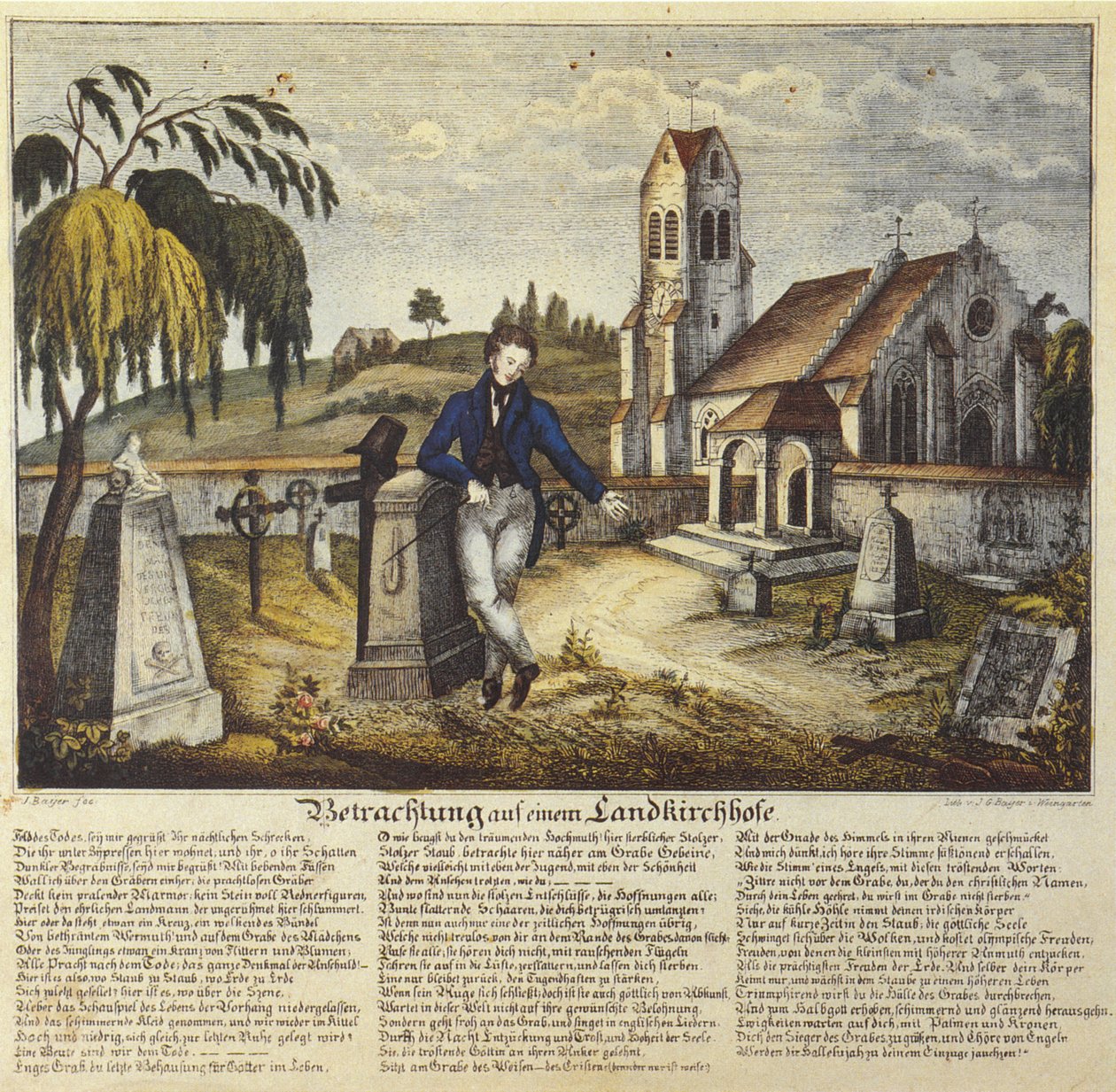 Contemplação em um cemitério rural, foto devocional com texto de oração, desenho de Joseph Bayer de Joseph Bayer