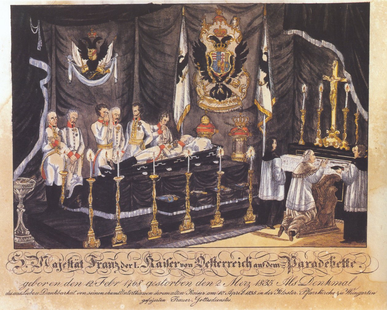 Sua Majestade Franz I, o Imperador da Áustria na cama parada, litografia colorida, 1835 de Joseph Bayer