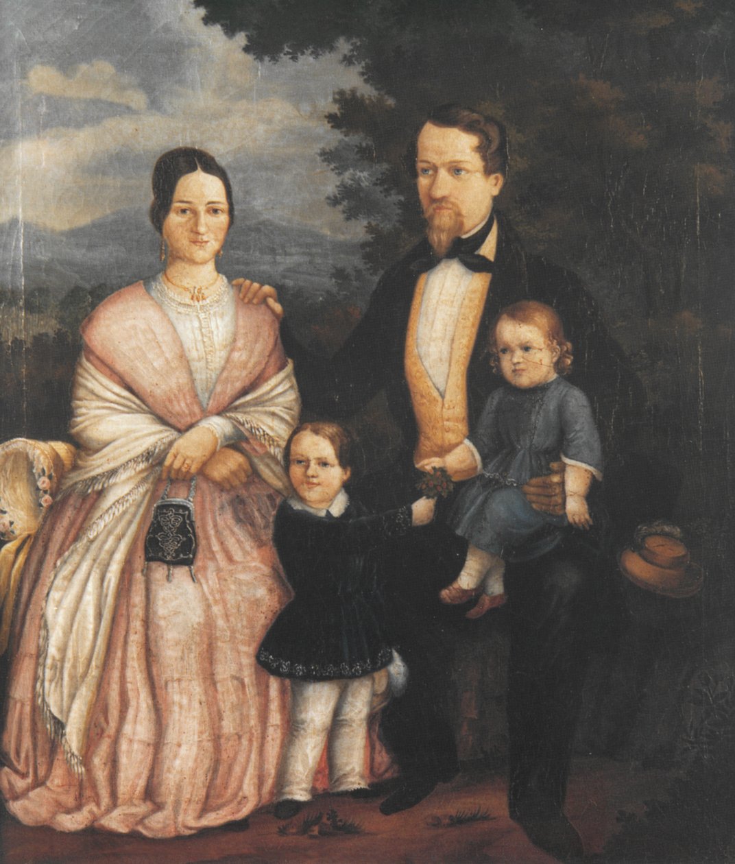 Selfportrait Joseph Bayer com sua esposa Lisette Bayer geb. Kerner e os filhos Eugen (* 1846) e Albert (* 1851); Pintura a óleo, 1853 de Joseph Bayer