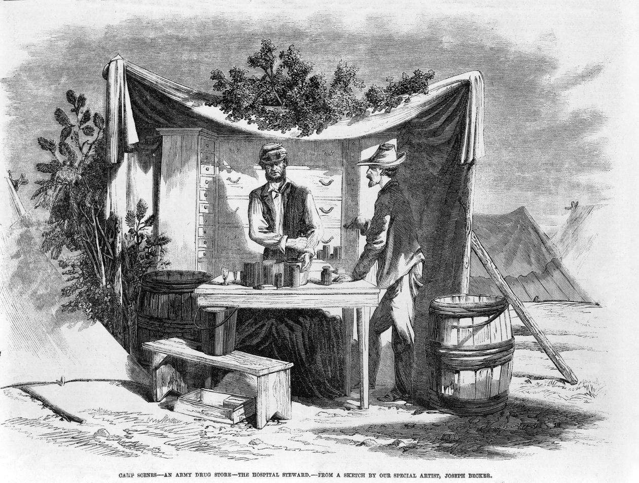 Cenas do acampamento - uma farmácia do exército - o administrador do hospital, pub. 1864 de Joseph Becker