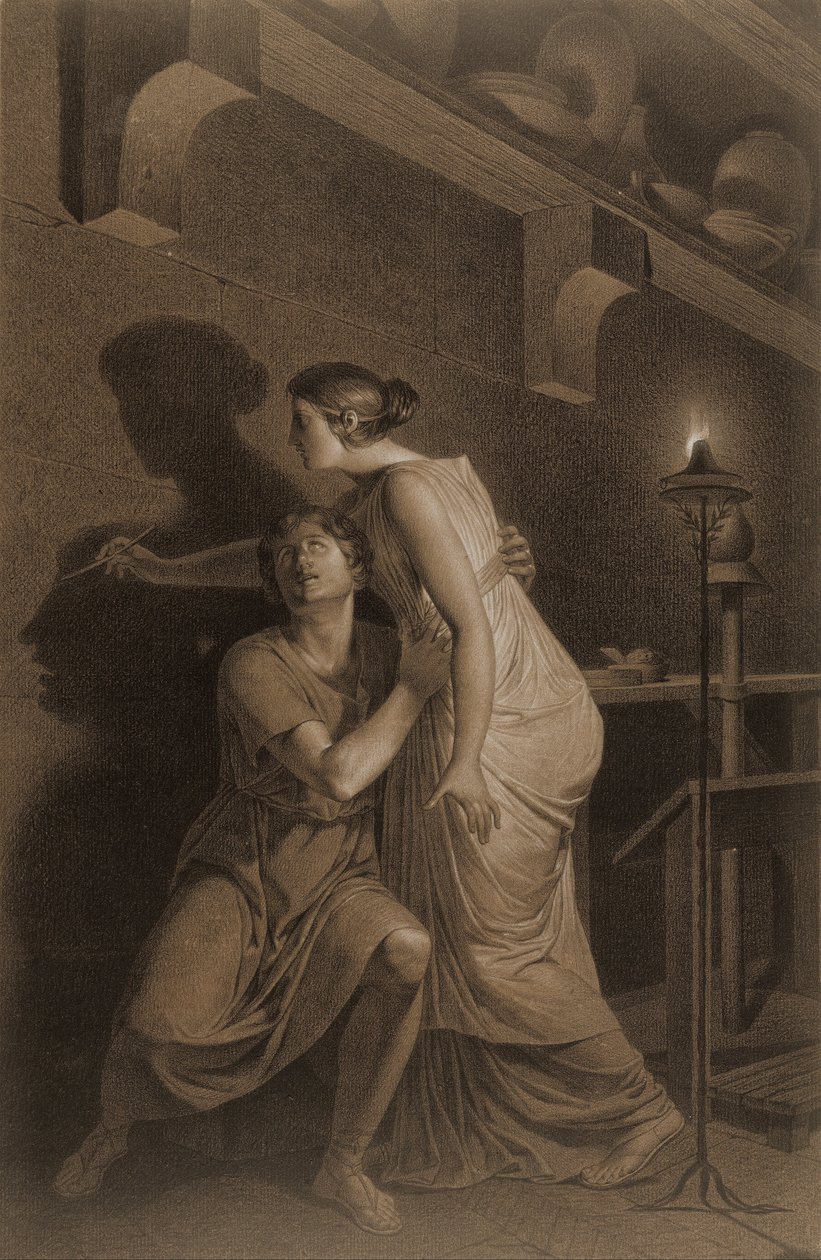 A invenção do desenho (reto); Esboço dos ossos da perna inferior do esqueleto humano (verso) de Joseph Benoît Suvée