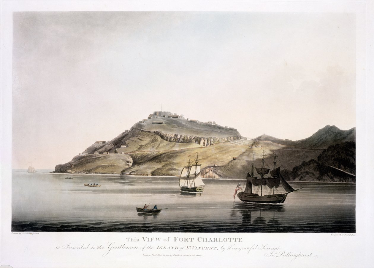 Vista do forte Charlotte na ilha de St. Vincent, gravado e bar. por Francis Jukes (1747-1812), 1800 (aquatinta colorida) de Joseph Billinghurst