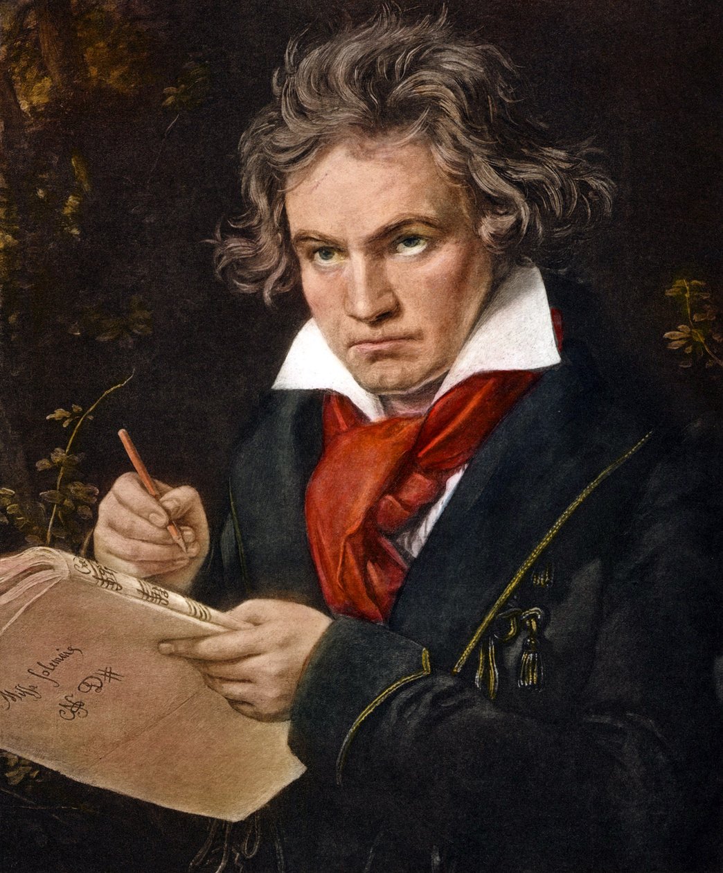 Ludwig van Beethoven segurando Missa Solemnis cor lito de Joseph Carl Stieler