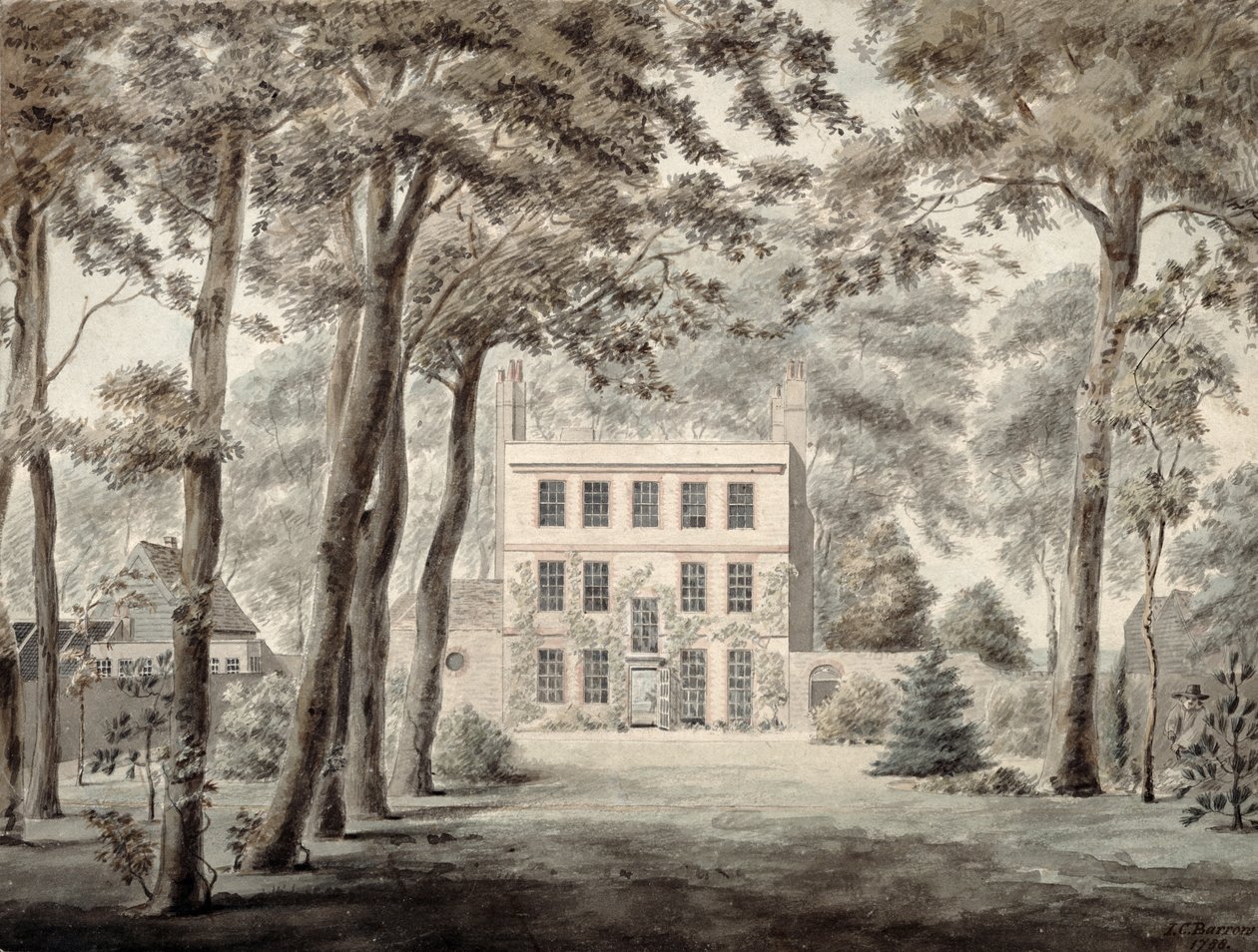 Um jardineiro trabalhando no terreno de uma elegante casa de campo, 1788 (lápis, tinta e wc) de Joseph Charles Barrow