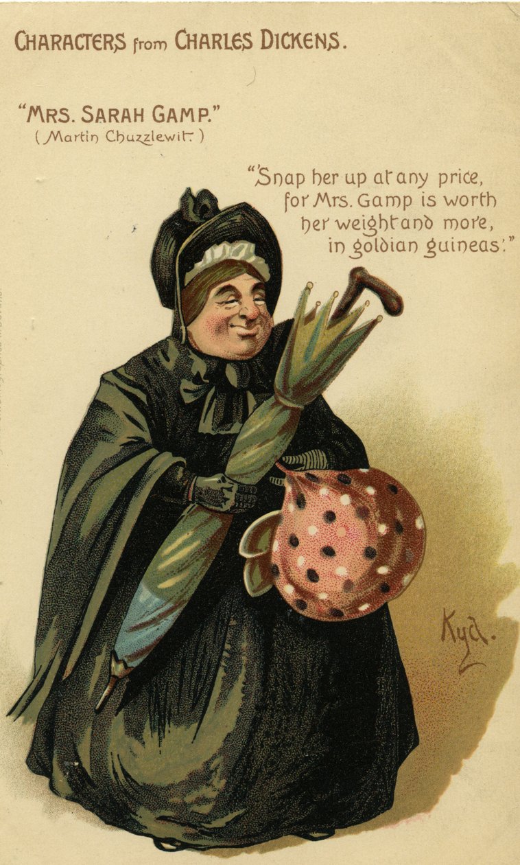 Personagens de Charles Dickens - Sra. Sarah Gamp de Martin Chuzzlewit, cartão postal, c.1903 de Joseph Clayton Clarke