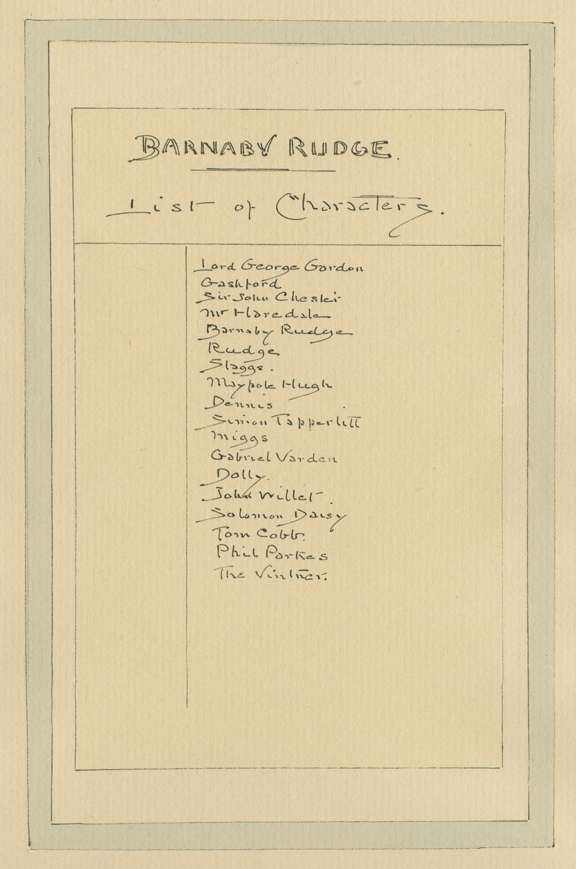Lista de Personagens para Barnaby Rudge, c.1920s (caneta e tinta com wc no papel) de Joseph Clayton Clarke