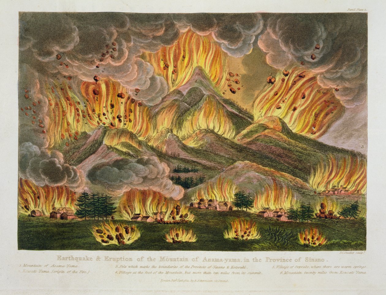 Terremoto e Erupção da Montanha de Asama-yama, na Província de Sinano, de &39;Ilustrações do Japão&39; de Isaac Titsingh (c.1740-1812), publicado em Londres, 1822 de Joseph Constantine Stadler
