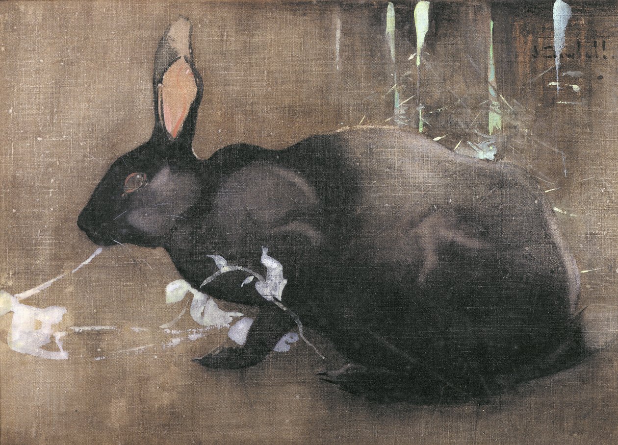 Um coelho preto (bodycolour em linho) de Joseph Crawhall