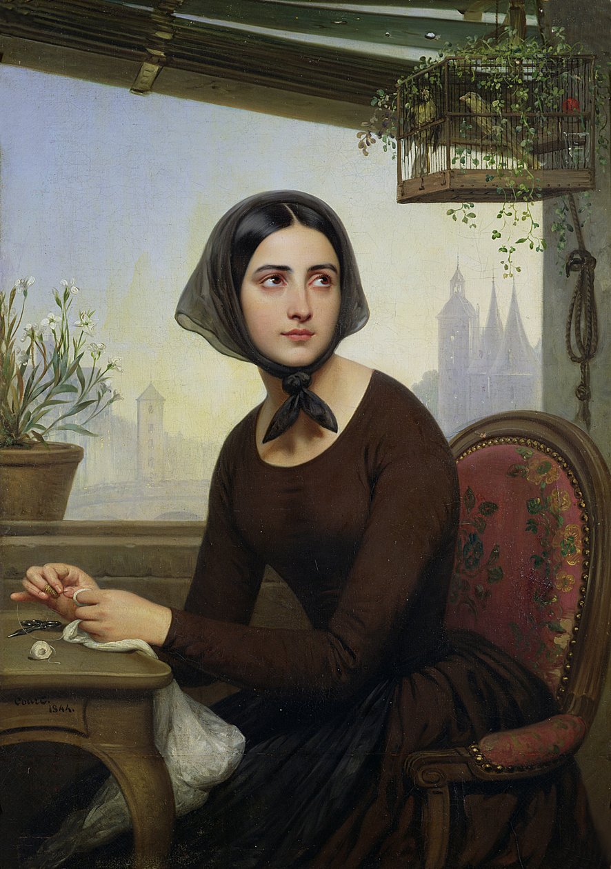 Rigolette tentando se distrair durante a ausência de Germain, 1844 de Joseph Desire Court