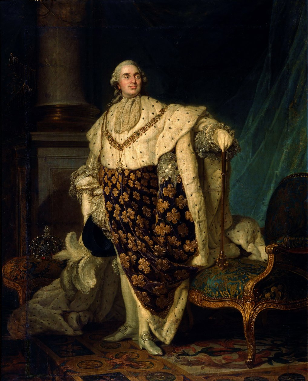 Louis XVI em vestido de coroação, não é o vestido do dia de sua coroação, mas um terno de convenção misturando o brasão de armas e a roupa da Ordem de St. Louis, o cetro para baixo e a coroa em fundo em seus sinais de Joseph Siffred Duplessis