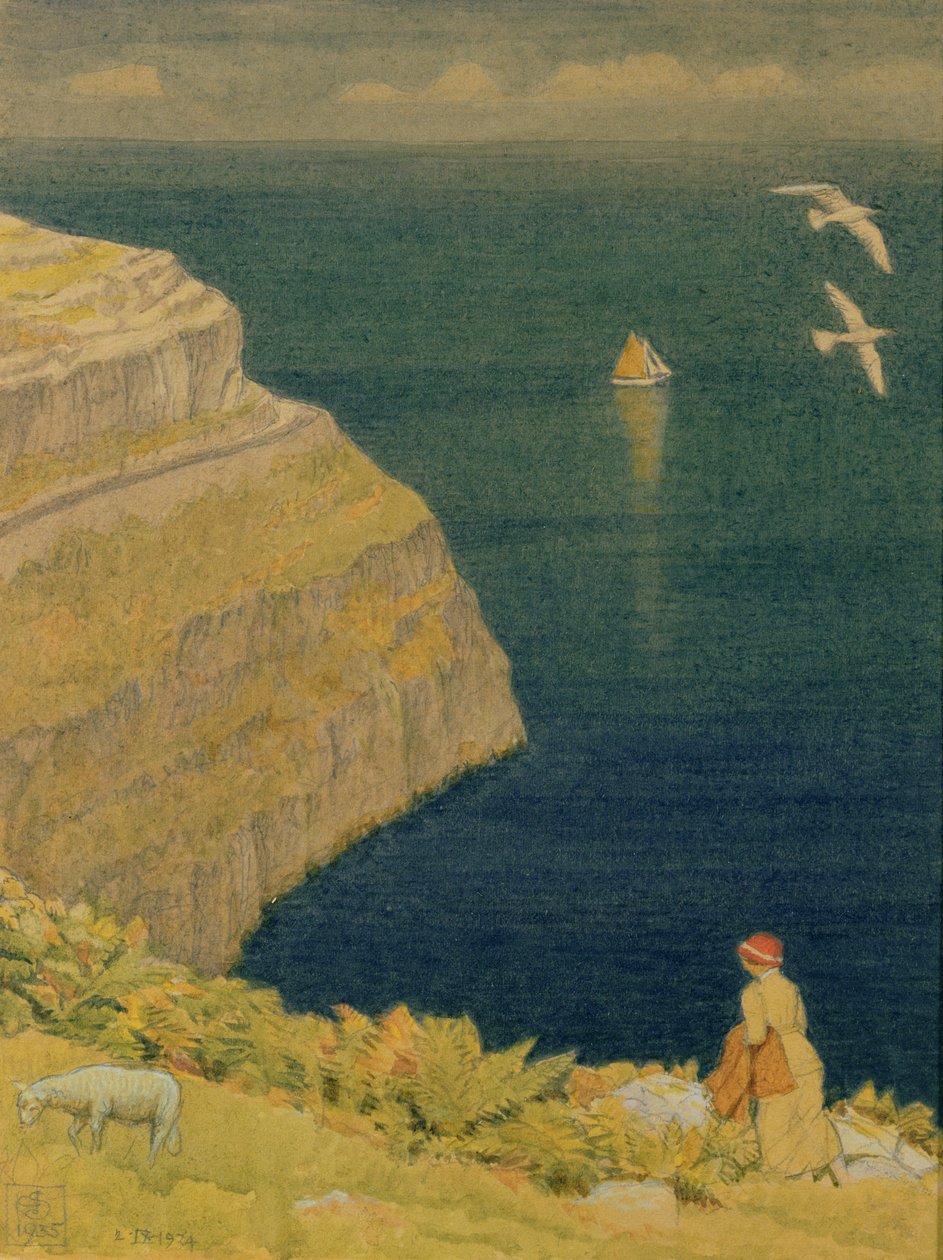 Um penhasco galês, 1935 (wc e lápis no papel) de Joseph Edward Southall