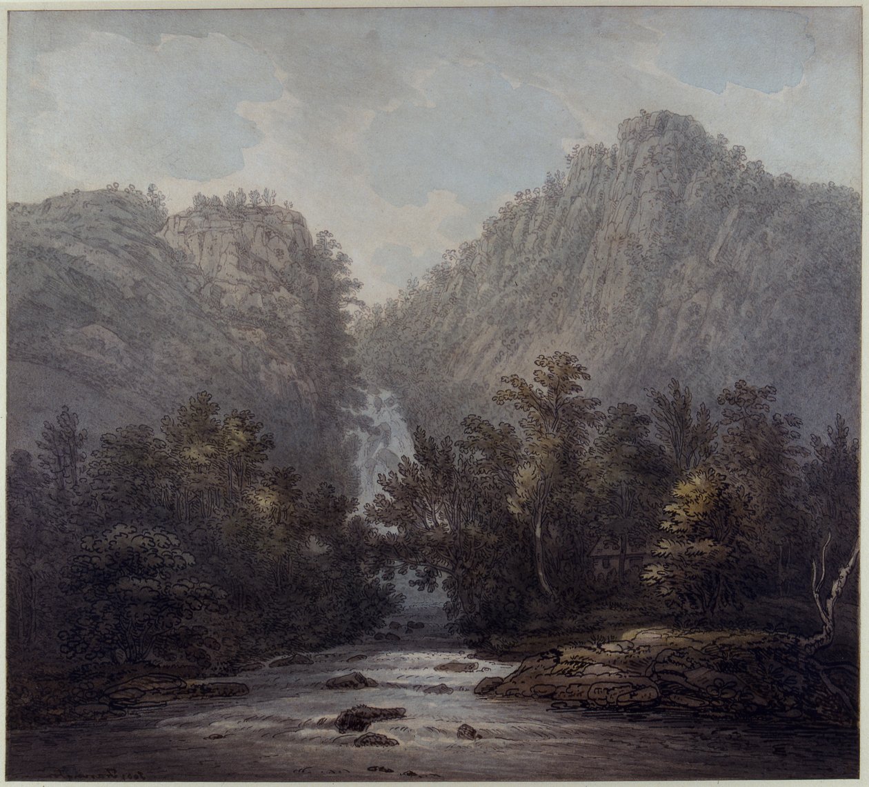 Cachoeira Lodore, Westmoreland, 1785 (caneta e tinta sobre papel) de Joseph Farington