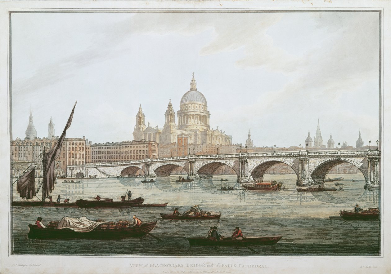 Vista da ponte de Blackfriars e da catedral de St.Paul, gravada por JC Stadler (fl.1780-1812), bar. 1790 por William Byrne (aquatinta) de Joseph Farington