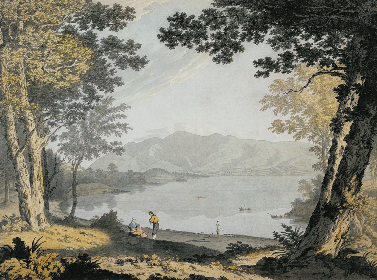 Vista de Skiddaw e Derwentwater, c.1780 (wc e caneta sobre lápis) de Joseph Farington