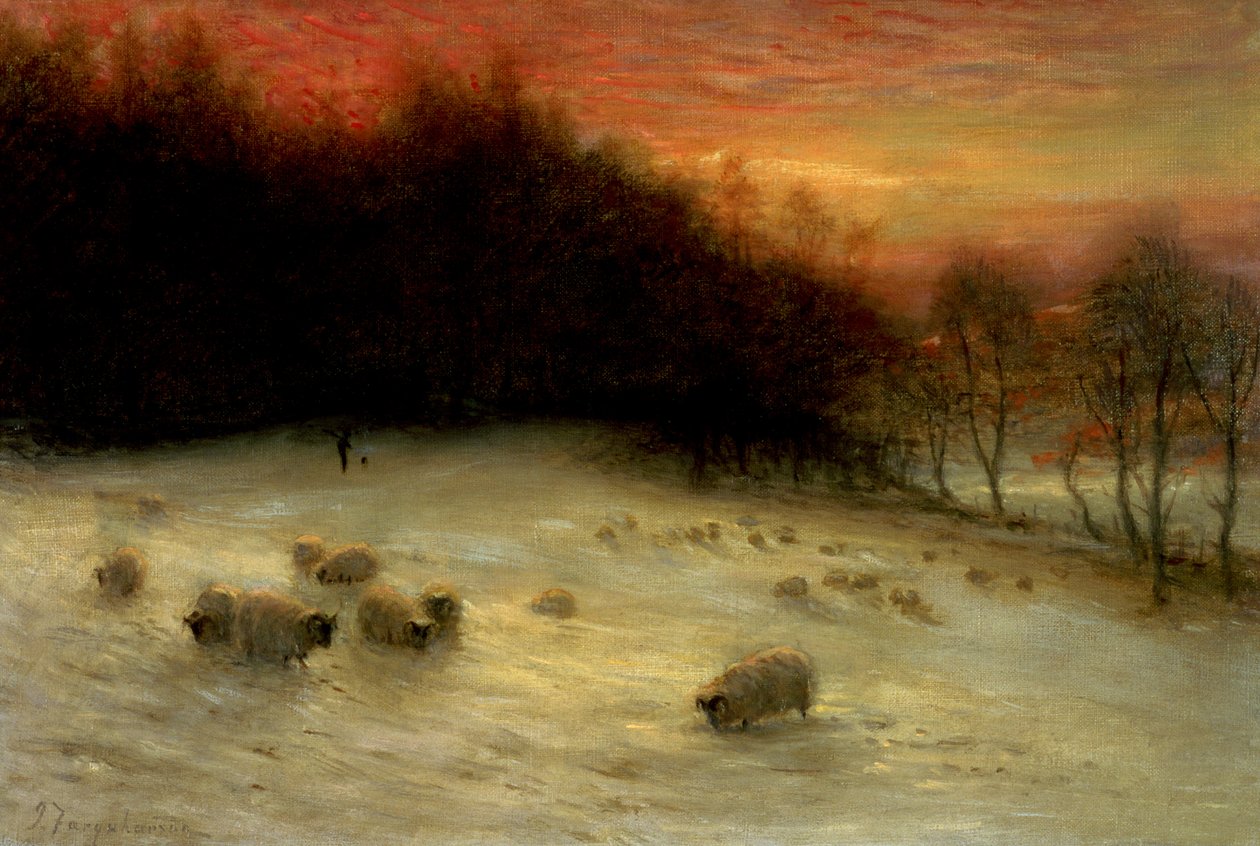 Ovelhas em uma paisagem de inverno, noite de Joseph Farquharson