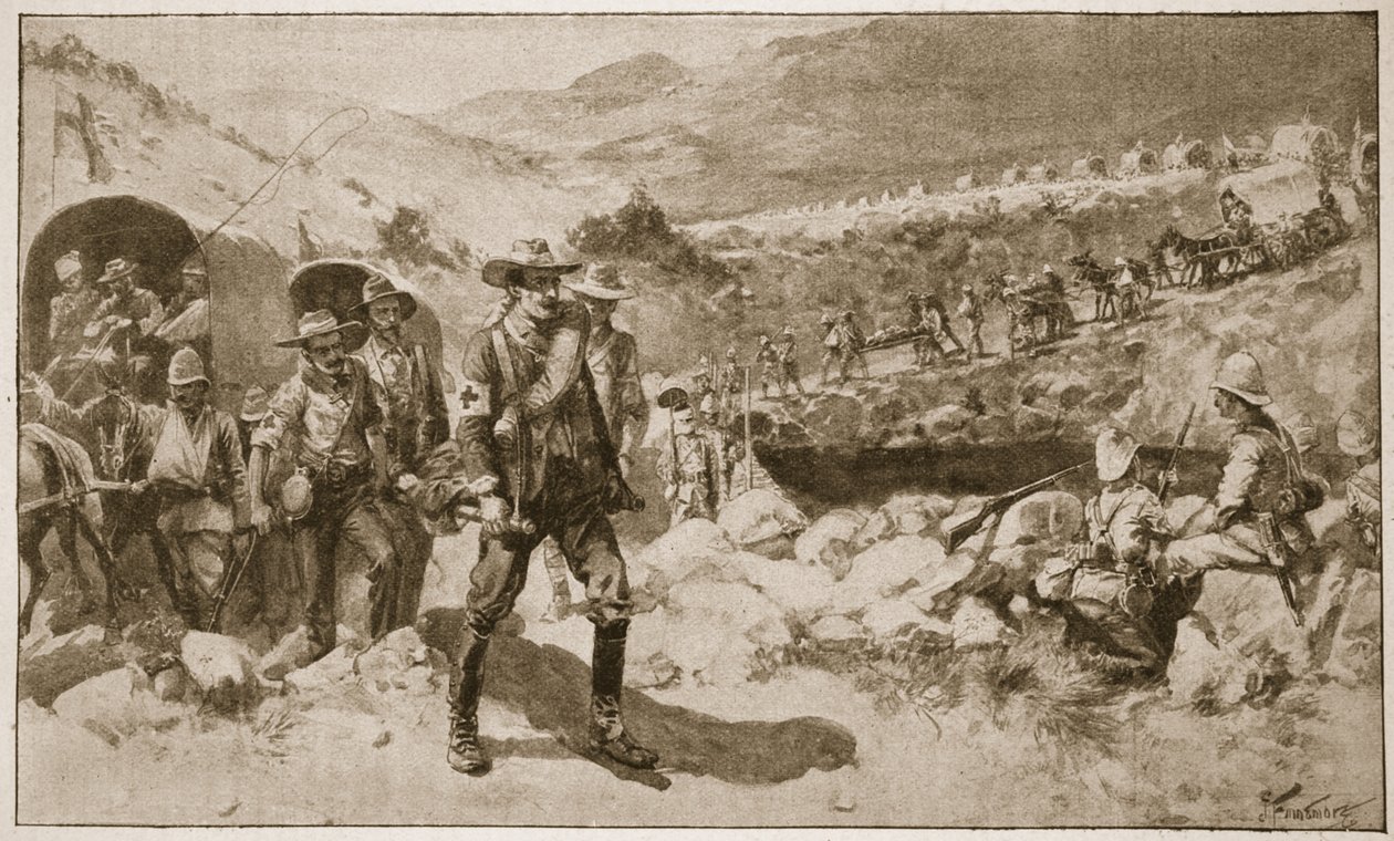 Depois da Batalha: Um retorno melancólico, ilustração de "Battles of the 19th Century", vol. VI: A Guerra dos Bôeres de 1899 a 1900, por Archibald Forbes, GA Henty e Major Arthur Griffiths de Joseph Finnemore