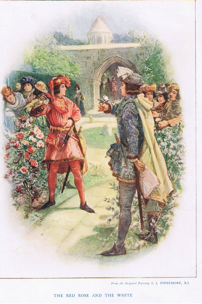 A Rosa Vermelha e a Branca, ilustração de &39;Histórias infantis da história inglesa, c.1920 de Joseph Finnemore