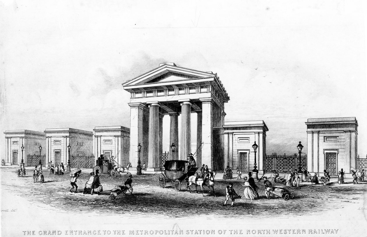 A Grande Entrada da Estação Metropolitana da Ferrovia do Oeste do Norte, gravada por Alfred Ashley, c.1837 de Joseph Francis Burrel