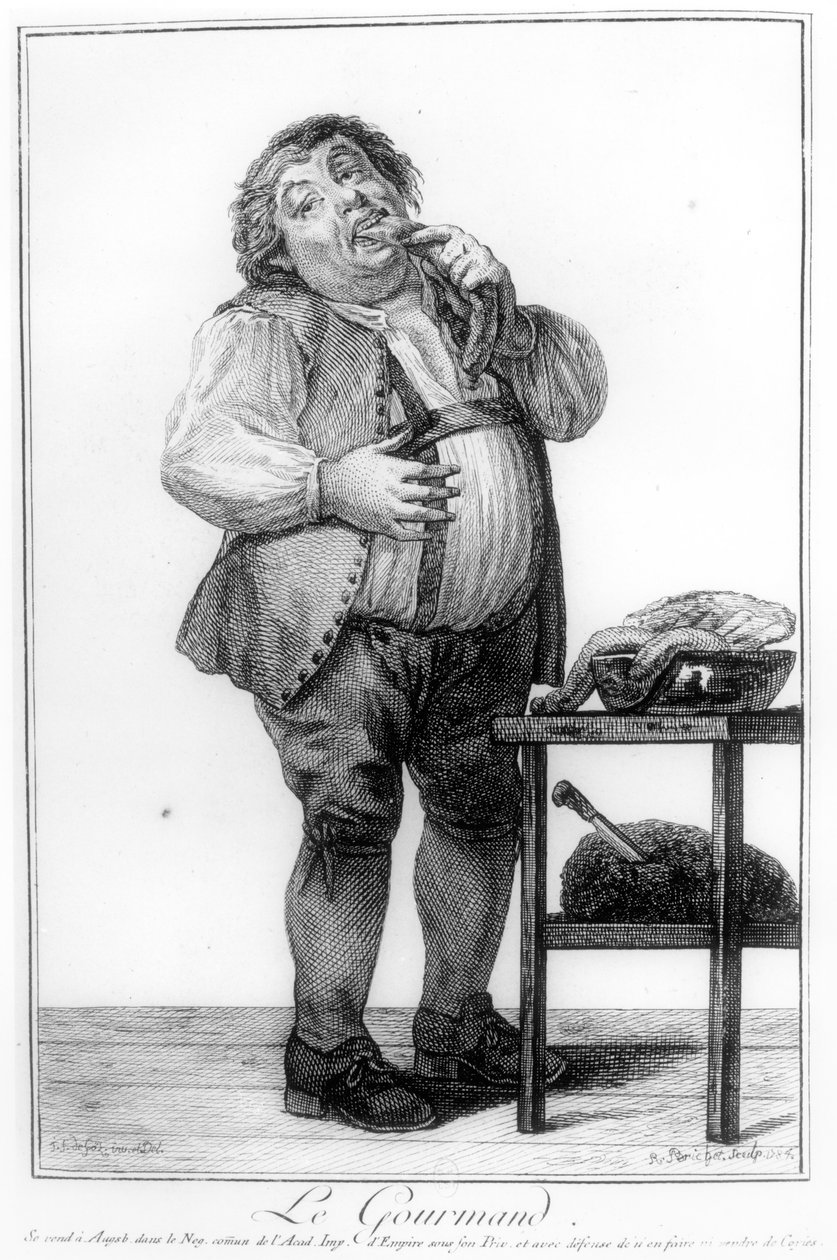 O glutão, de "Exercícios de imaginação de diferentes caracteres e formas humanas", gravado por R. Brichet, publicado em Augsburg, 1783-84 de Joseph Franz von Goez