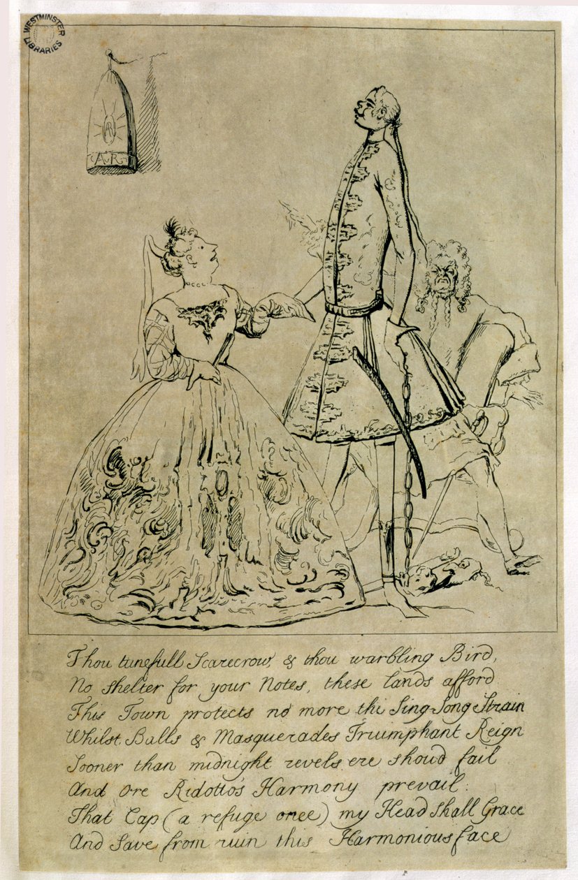 Tu Espantalho Tuneful e Tu Bird Warbling, caricatura de Farinelli, Cuzzoni e Heidegger, disse ter sido gravado a partir de um projeto da Condessa de Burlington, de 1730 de Joseph Goupy