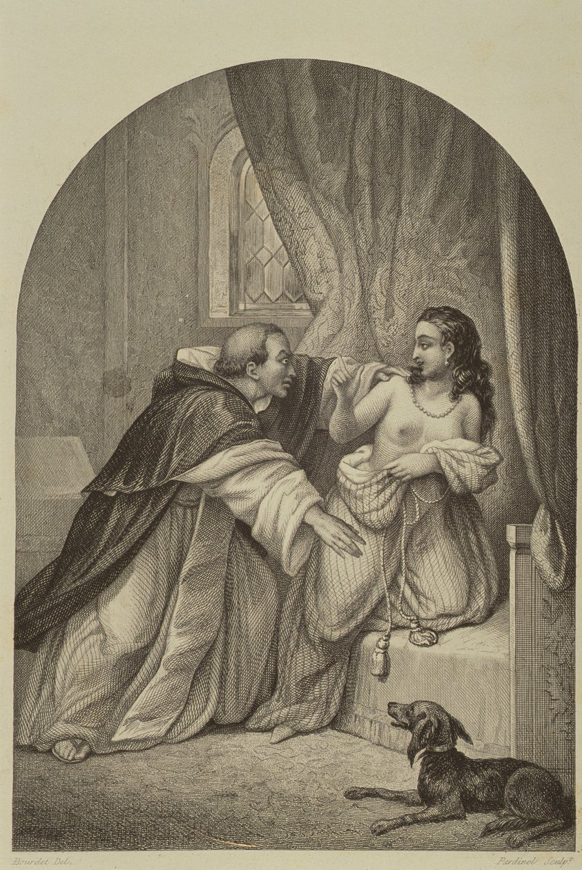 Um monge seduzindo uma mulher no século 14 de Joseph Guillaume Bourdet