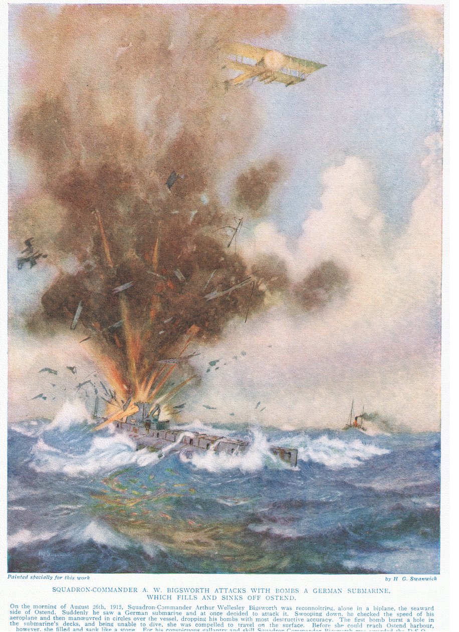Comandante do Esquadrão AW Bigsworth ataca com bombas um submarino alemão, que se enche de água e afunda Ostende, ilustração de &39;Deeds that Thrill the Empire&39;, publicado por Hutchinson und Co., c de Joseph Harold Swanwick