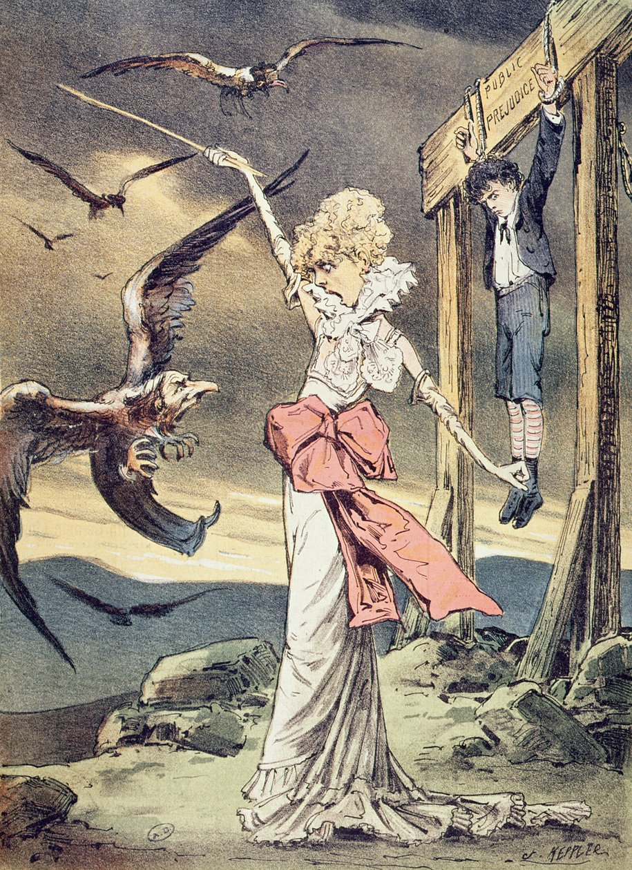 Caricatura de Sarah Bernhardt retratada como a heroína do Antigo Testamento Rizpah protegendo seu filho dos abutres clericais da Igreja Católica, ilustração da revista &39;Puck&39;, dezembro de 1880 (colo de Joseph Keppler