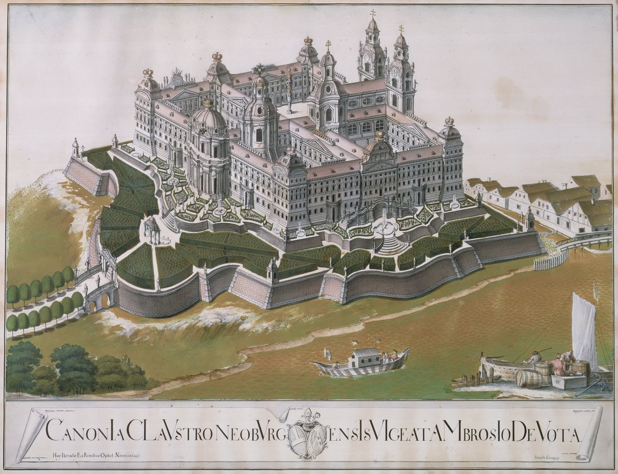 Vista do mosteiro agostiniano de Klosterneuburg, mostrando planos de renovação projetados pelo arquiteto Felice D&39;Allio, 1774 (wc, lápis) de Joseph Knapp