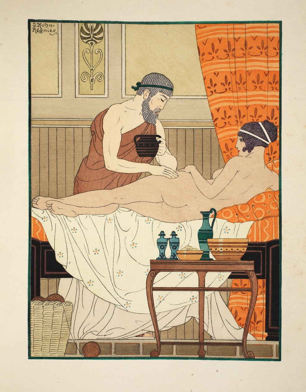 Aplicação do perfume egípcio branco ao quadril, ilustração de "The Works of Hippocrates", 1934 de Joseph Kuhn Regnier