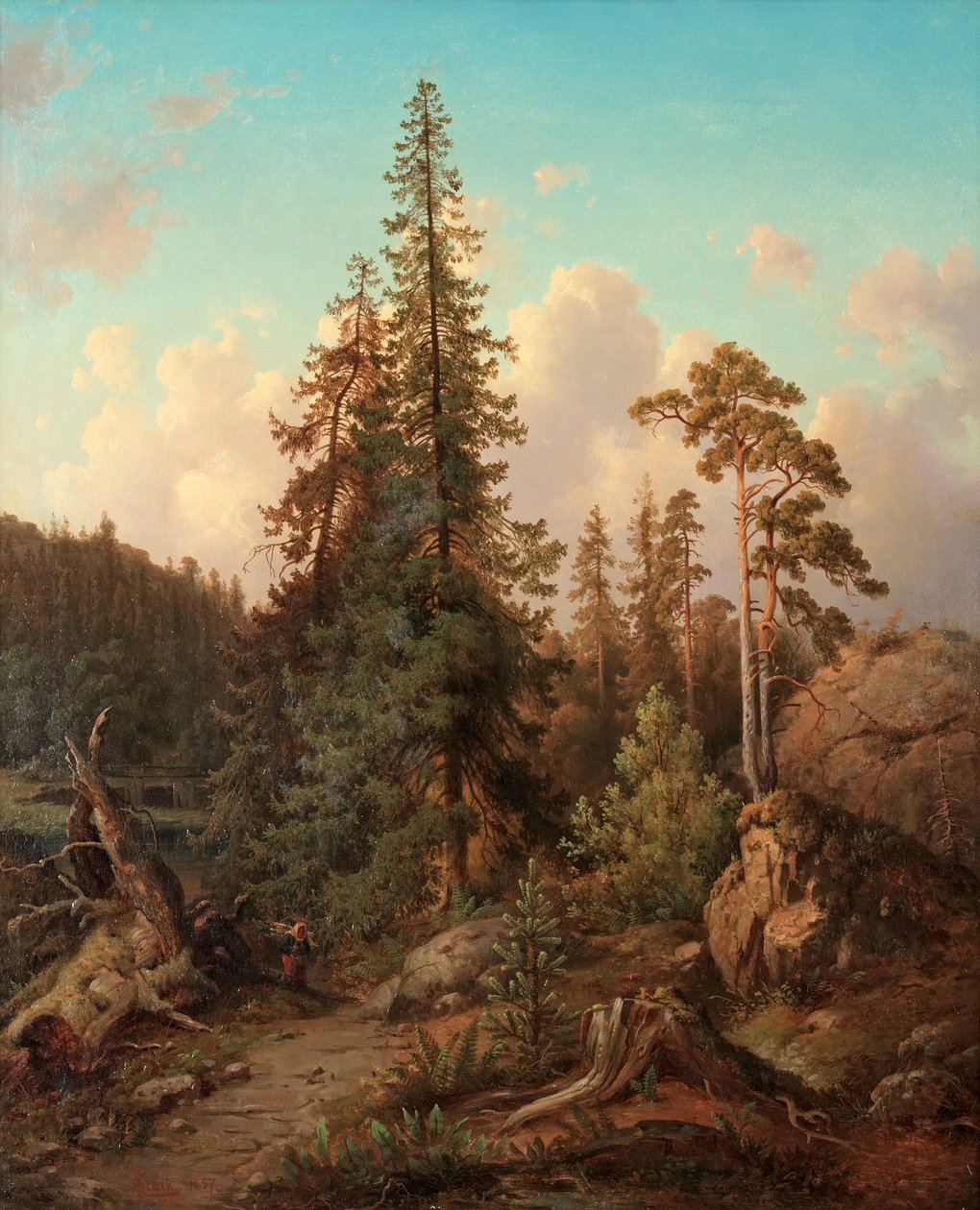 Paisagem de floresta com mulher coletando madeira de Joseph Magnus Stäck