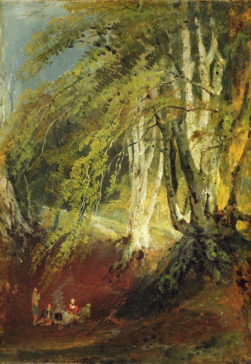 Uma madeira de faia com ciganos sentados em torno de uma fogueira, c.1799-1801 (óleo sobre papel colocado no painel) de Joseph Mallord William Turner