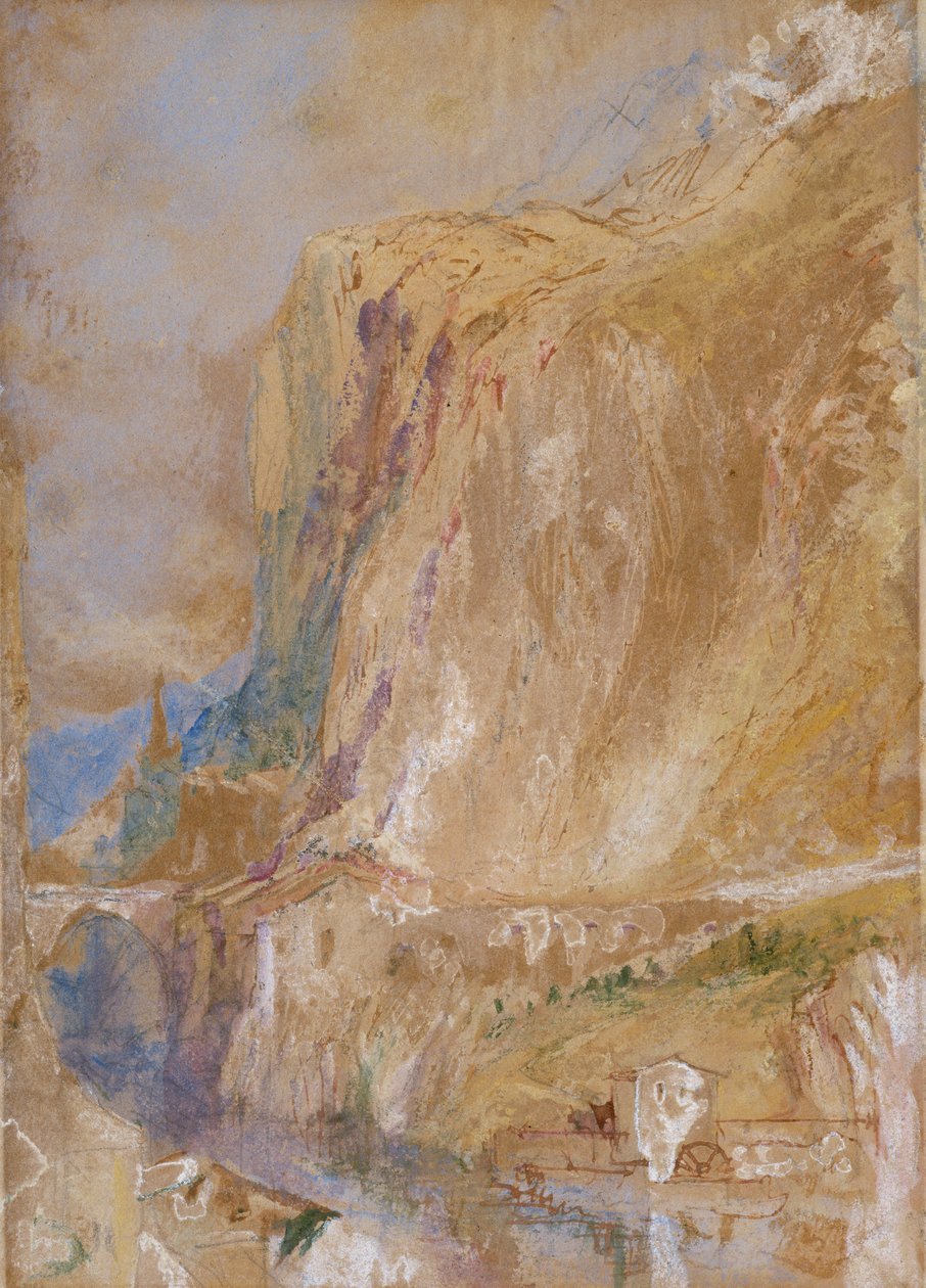 Um Vale nos Alpes, c.1843 (lápis, caneta, wc e tinta marrom aumentada com bodycolour no papel) de Joseph Mallord William Turner
