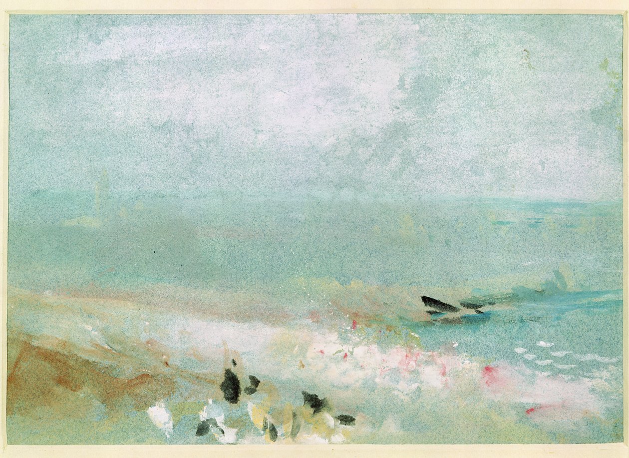 Praia com figuras e um molhe. c.1830 (wc e guache) de Joseph Mallord William Turner