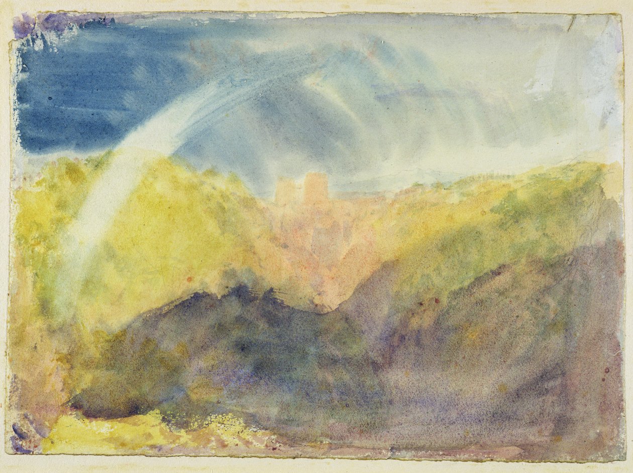 Crichton Castle (Paisagem montanhosa com um arco-íris) c.1818 (wc sobre grafite em papel wove) de Joseph Mallord William Turner