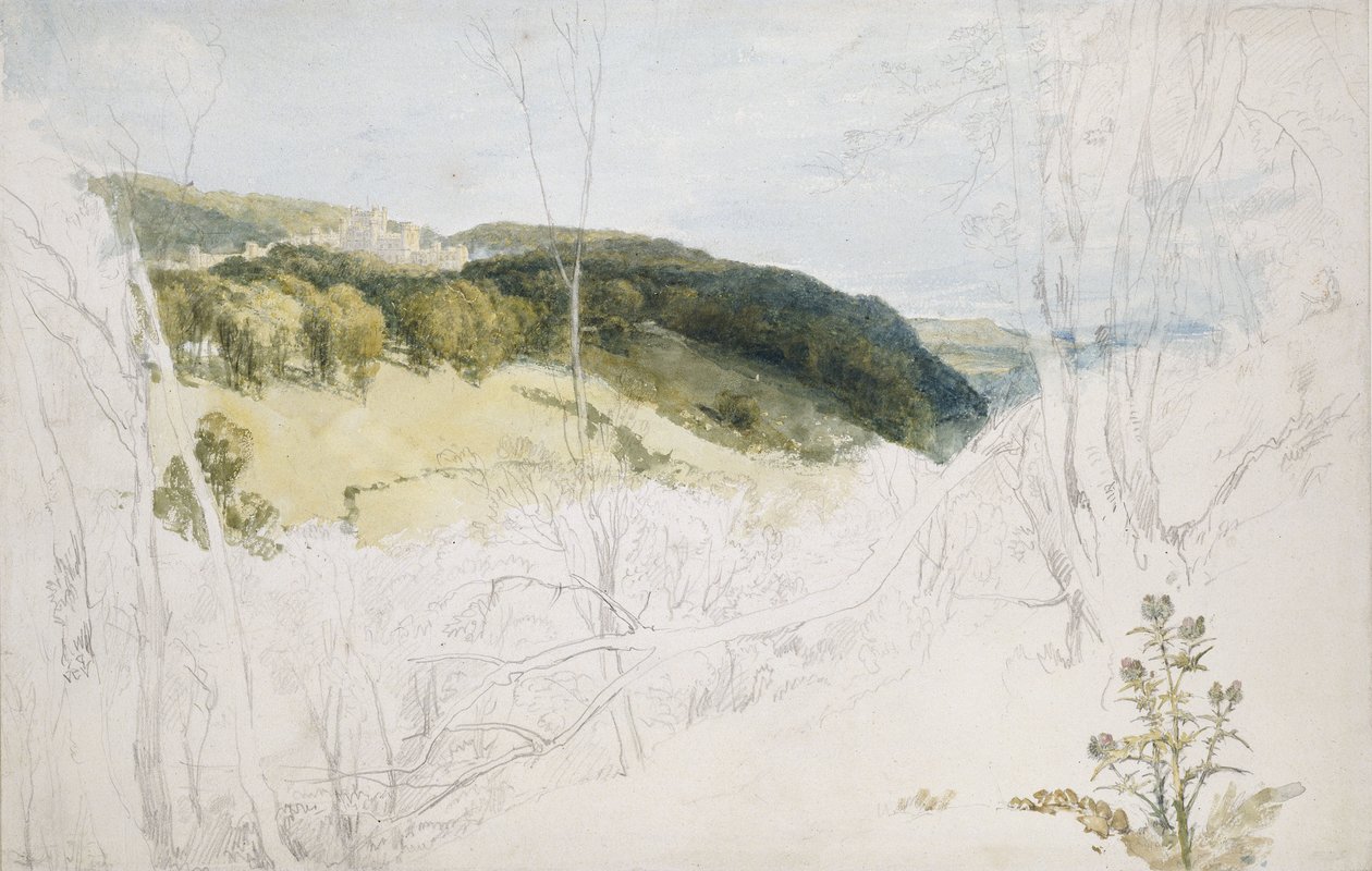 Vista distante do castelo de Lowther (cena do parque), 1809 (aquarela e grafite em papel tufado) de Joseph Mallord William Turner