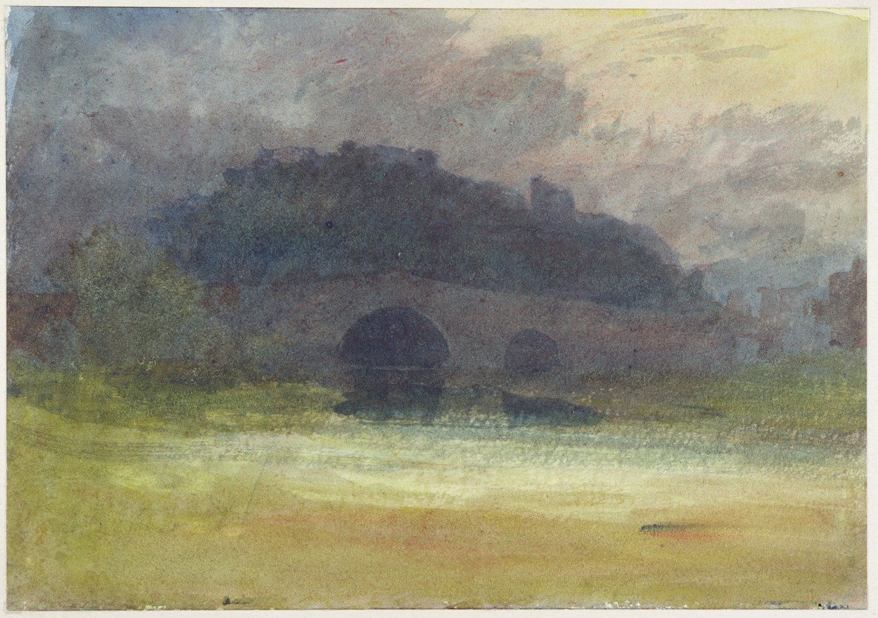 Paisagem da noite com castelo e ponte em Yorkshire, c.1798-99 (wc no papel wove) de Joseph Mallord William Turner