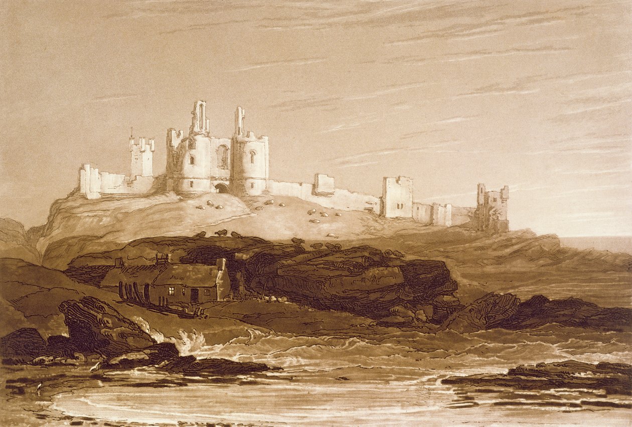 F.14.I Castelo de Dunstanborough, do &39;Liber Studiorum&39;, gravado por Charles Turner, 1808 de Joseph Mallord William Turner