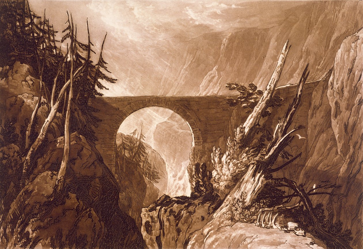 F.19.I Ponte do Pequeno Diabo, do &39;Liber Studiorum&39;, gravado por Charles Turner, 1809 de Joseph Mallord William Turner