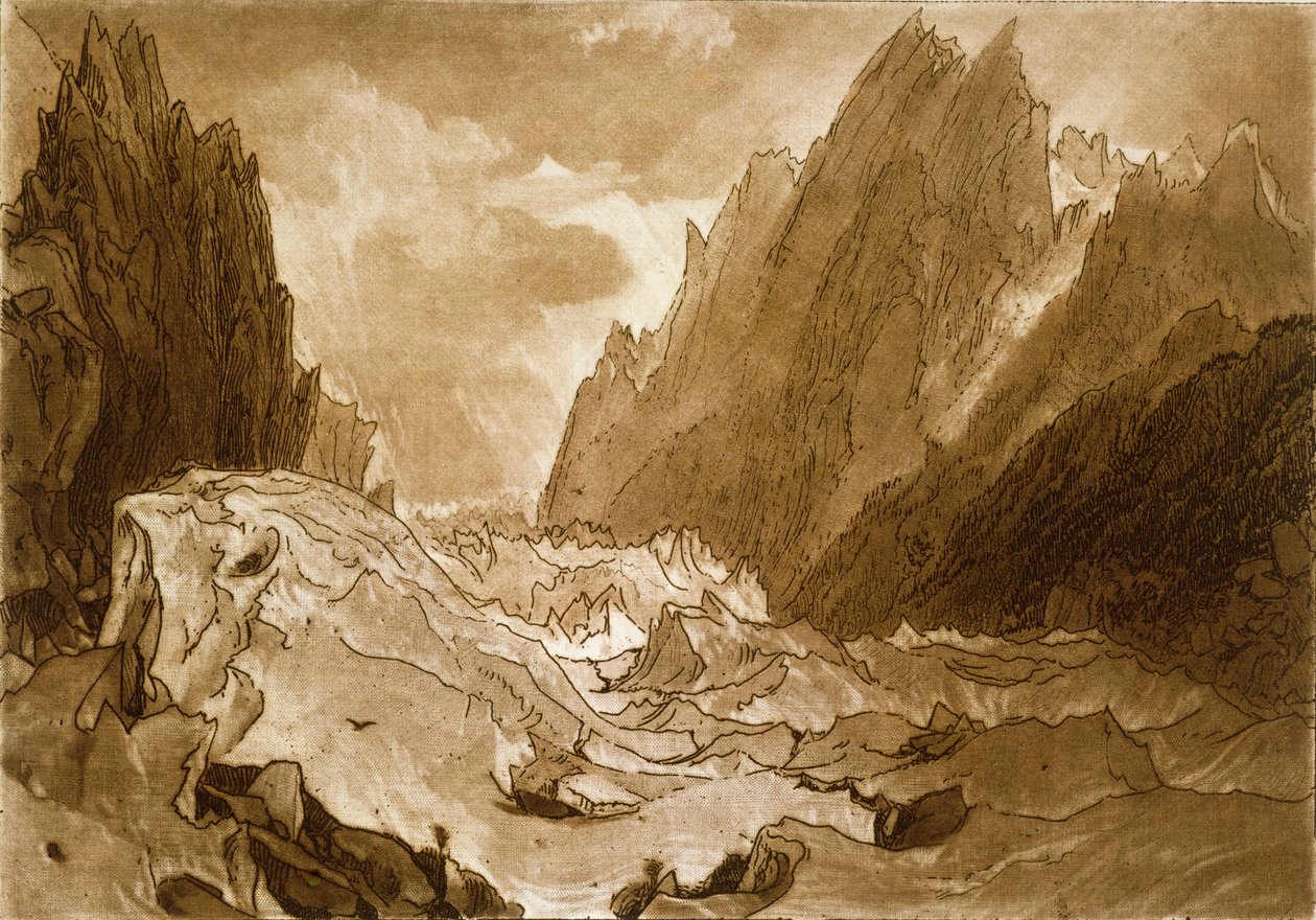 F.50.I Mer de Glace, Vale de Chamouni, Savoy, do &39;Liber Studiorum&39;, gravado pelo artista, 1812 de Joseph Mallord William Turner