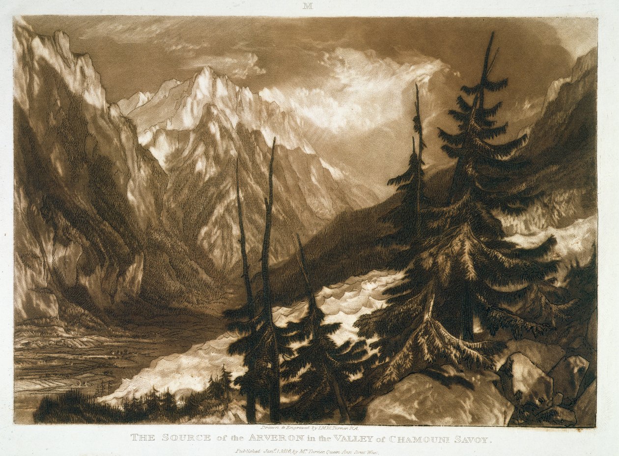 F.60.I A Fonte do Arveron, do &39;Liber Studiorum&39;, gravado pelo artista, 1816 de Joseph Mallord William Turner