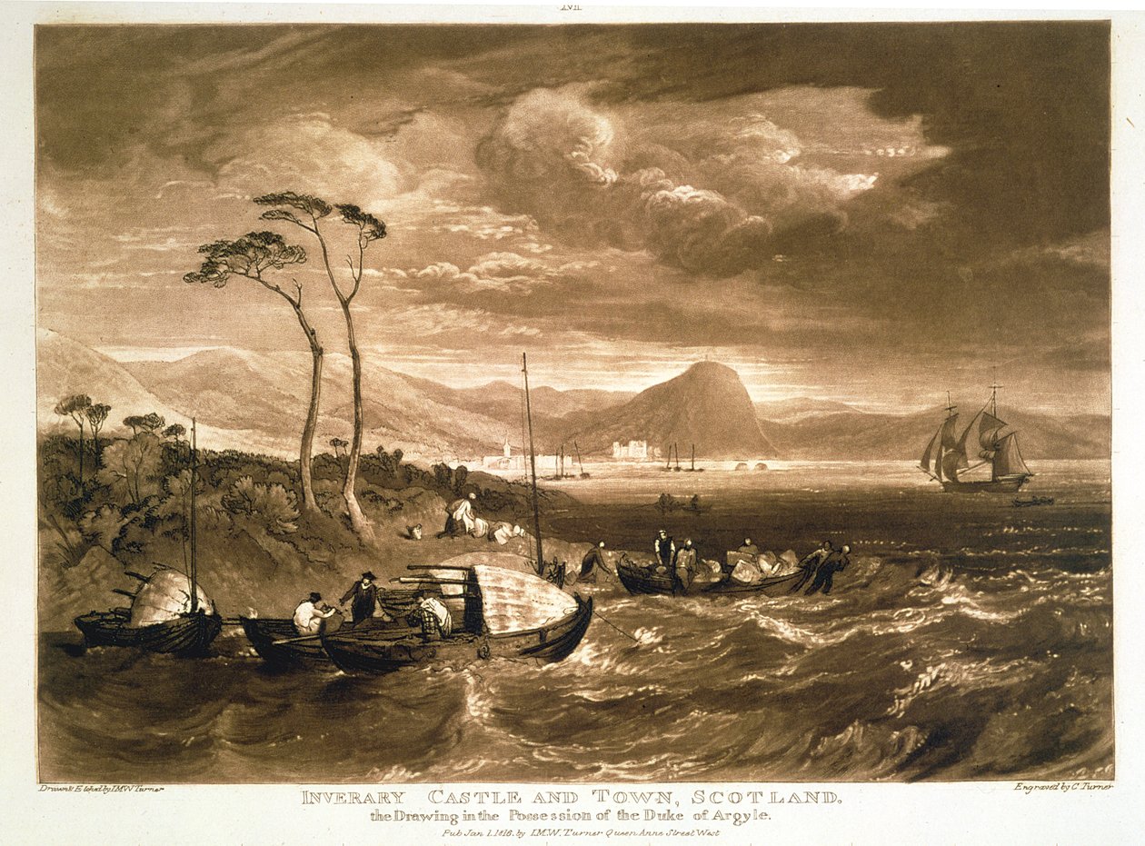 F.65.I Inverary Castle and Town, do &39;Liber Studiorum&39;, gravado por Charles Turner, 1816 de Joseph Mallord William Turner