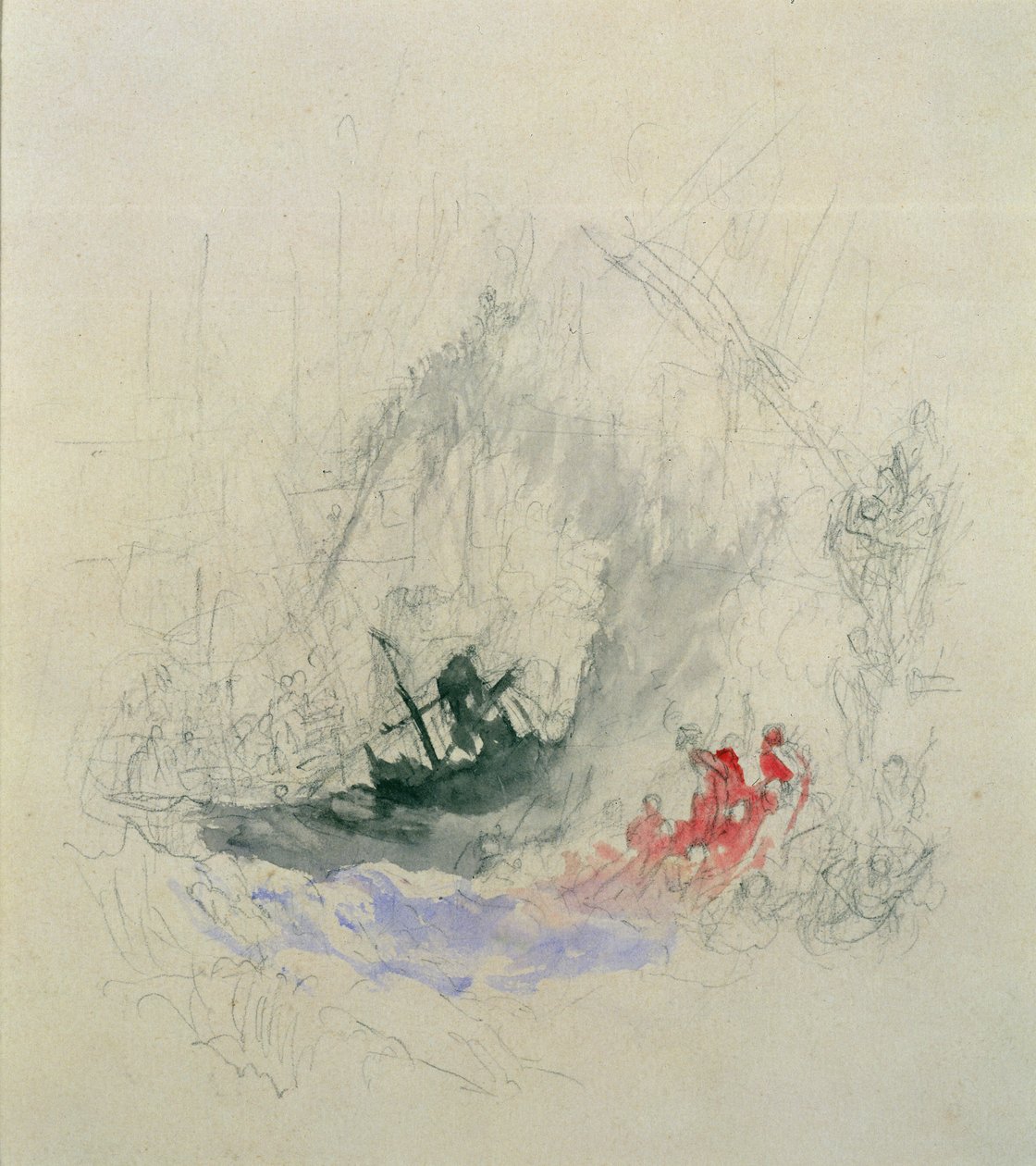 Fire at Sea, um desenho para uma vinheta, 1835 (lápis e wc no papel) de Joseph Mallord William Turner