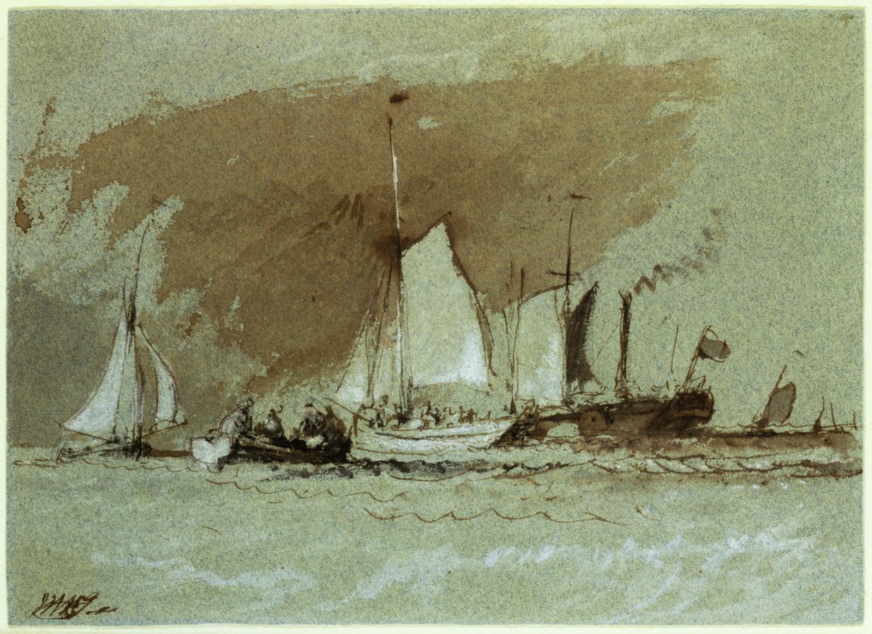 Barcos de pesca no mar, embarcando em um navio fora da ilha de Wight (tinta indiana aumentada com branco sobre papel) de Joseph Mallord William Turner